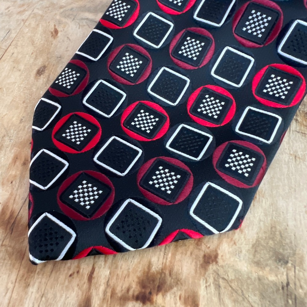 Bergamo New York Necktie Mens Geometric Square Circle Pattern Black Red Retro